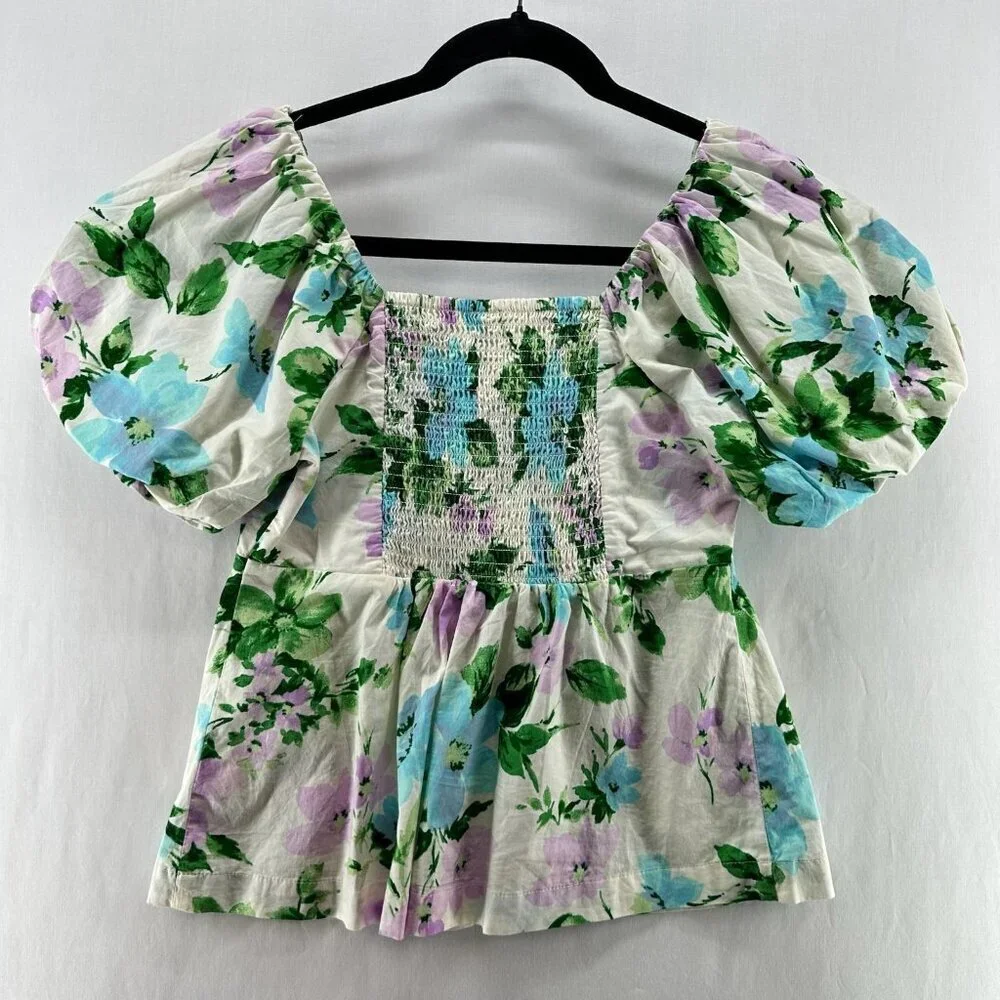 Old Navy Waist Defined V-neck Blouse Womens XS Puff-Sleeve Smocked Floral White
